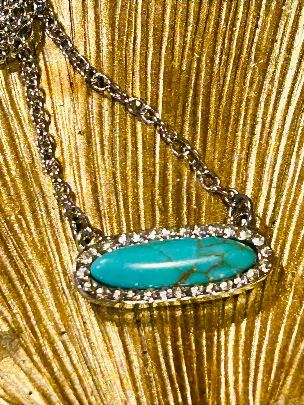 Vintage Turquoise Matrix Bar Pendant on Silver Tone Chain, Rhinestone Halo